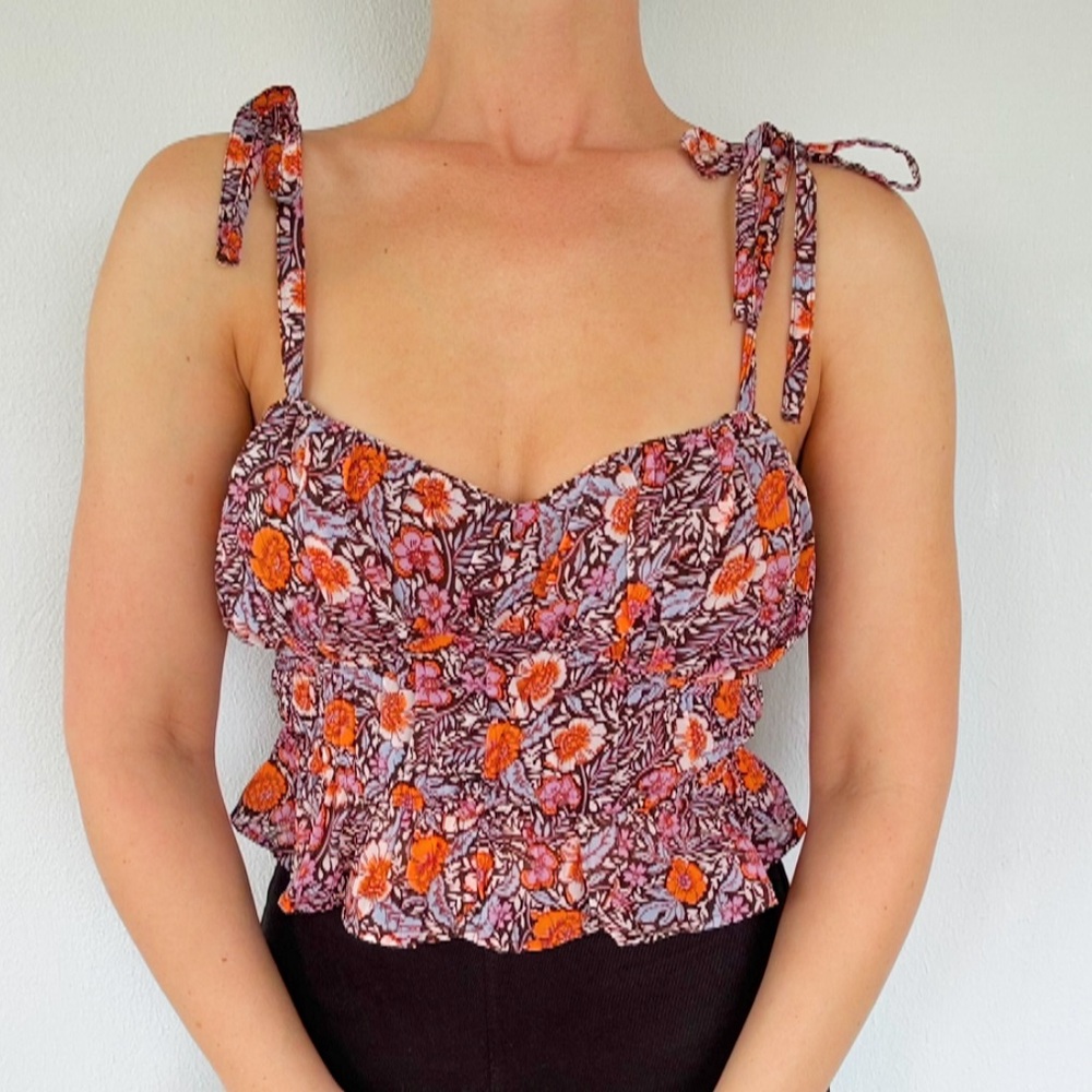 Japna orange blue floral button neckline tie shoulder crop top size small